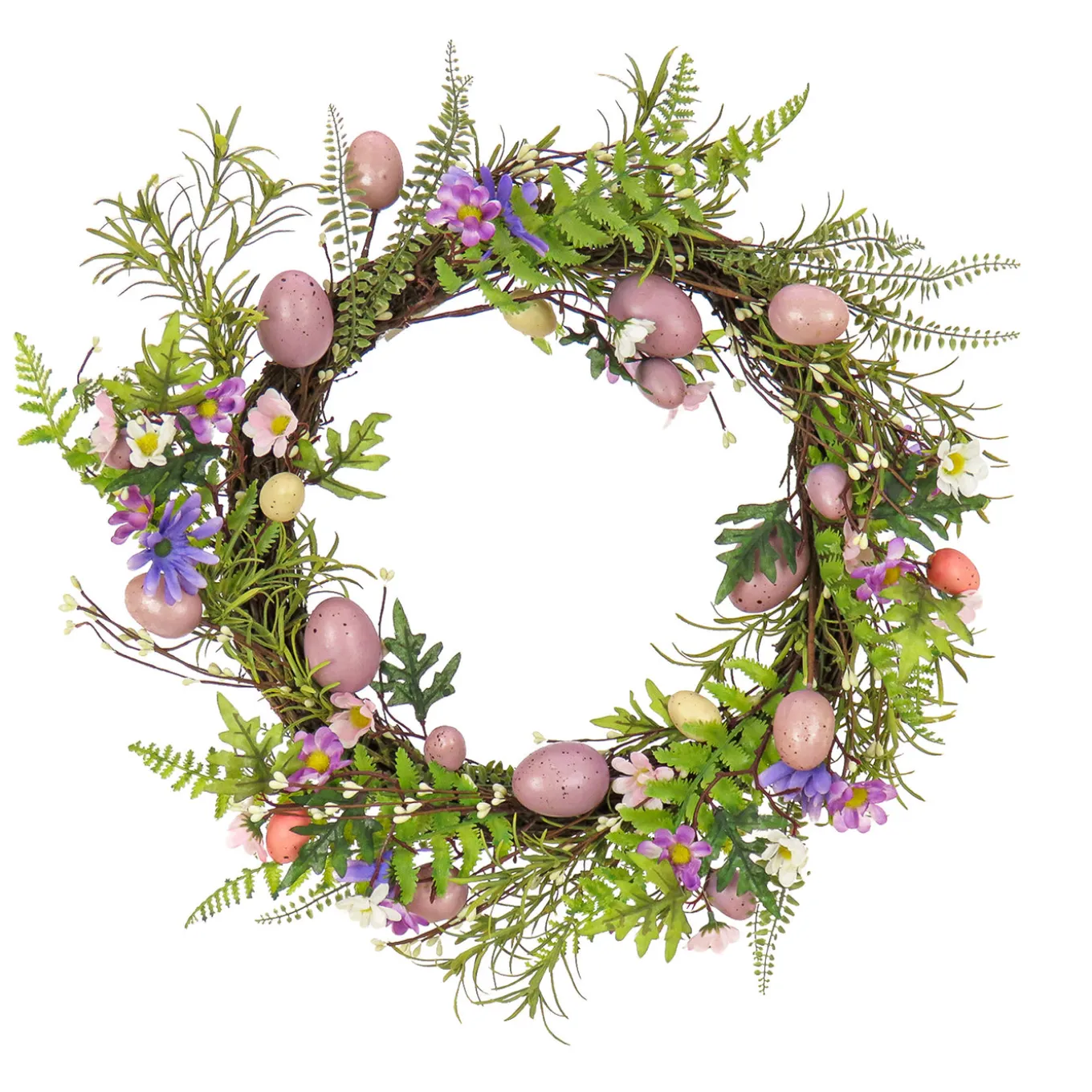 22 in. Easter Wreath Decorated with Pink Pastel Eggs, Purple Flowers, Ferns, Leafy Greens