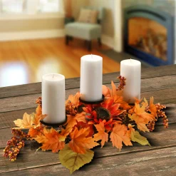 24 in. Fall Centerpiece, Three Candle Holders, Decorated with Sunflower Blooms, Pinecones, Berry Clusters