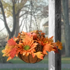 18 in. Fall Hanging Basket with Maple Leaves, Sunflowers, Cones, Berries, Pumpkin