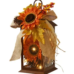 12 in. Fall Lantern with LED Lights, Filled with Sunflower Blooms, Leaves, Pinecones, Berry Clusters