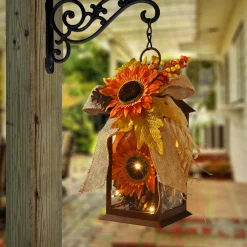12 in. Fall Lantern with LED Lights, Filled with Sunflower Blooms, Leaves, Pinecones, Berry Clusters