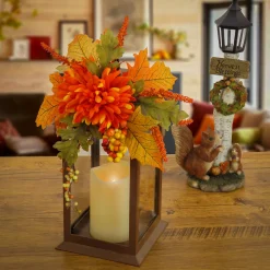 14 in. Fall Lantern with Mum Flower, Mixed Leaves, Berry