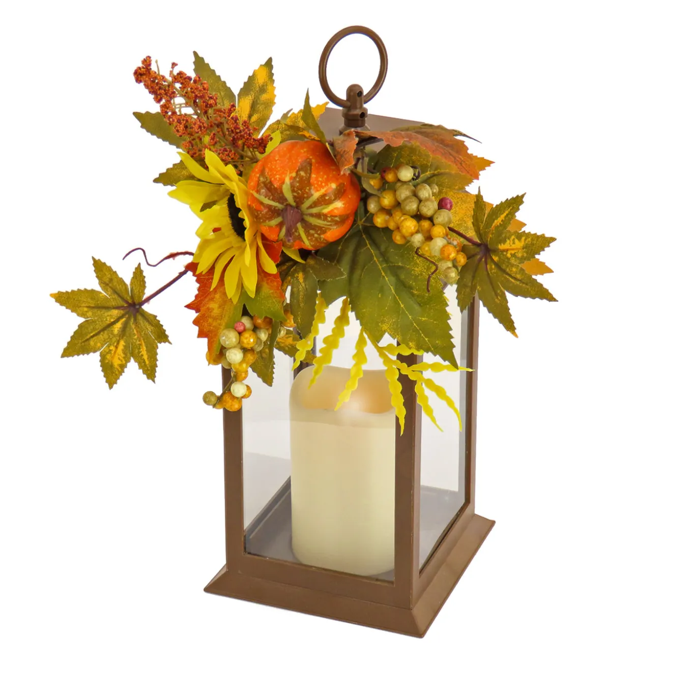 14 in. Fall Lantern with Sunflower, Mixed Leaves, Berry, Pumpkin