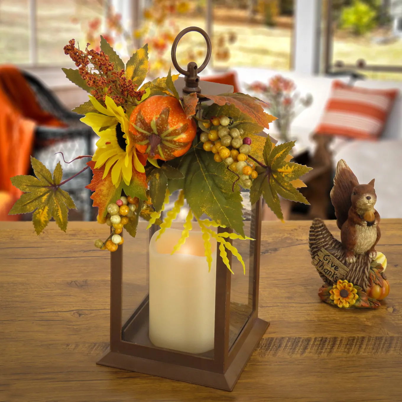 14 in. Fall Lantern with Sunflower, Mixed Leaves, Berry, Pumpkin