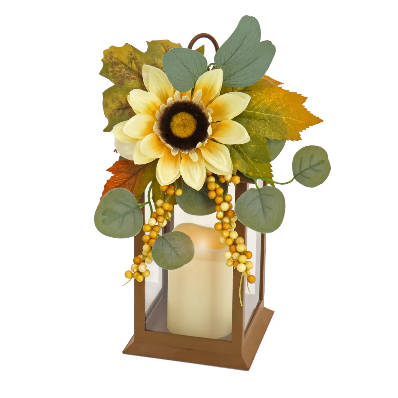 13 in. Fall Lantern with Sunflower, Maple Leaves, Eucalyptus, Berry
