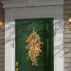 30 in. Fall Teardrop Decoration with Seed Stalks, Straw Fronds, Assorted Leaves