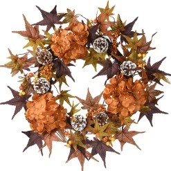 24 in. Fall Wreath with Hydrangeas, Maple Leaves, Pinecones, Berry Clusters