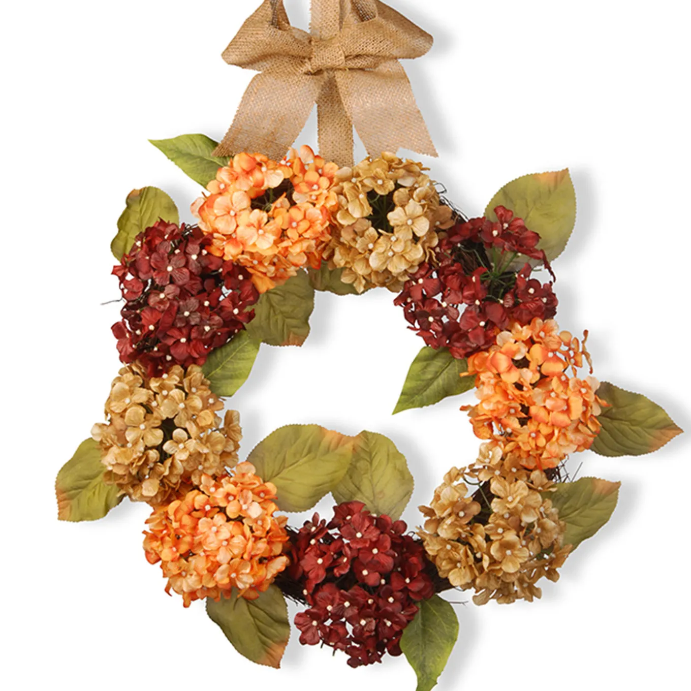 24 in. Fall Wreath with Hydrangeas, Elm Leaves, Burlap Ribbon