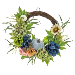 22 in. Fall Wreath with Mixed Leaves, Hydrangea, Peony and Pumpkin