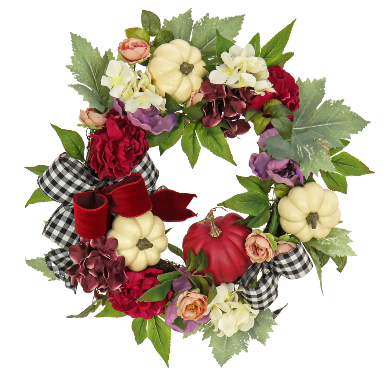 22 in. Fall Wreath with Peony, Pumpkin and Bow