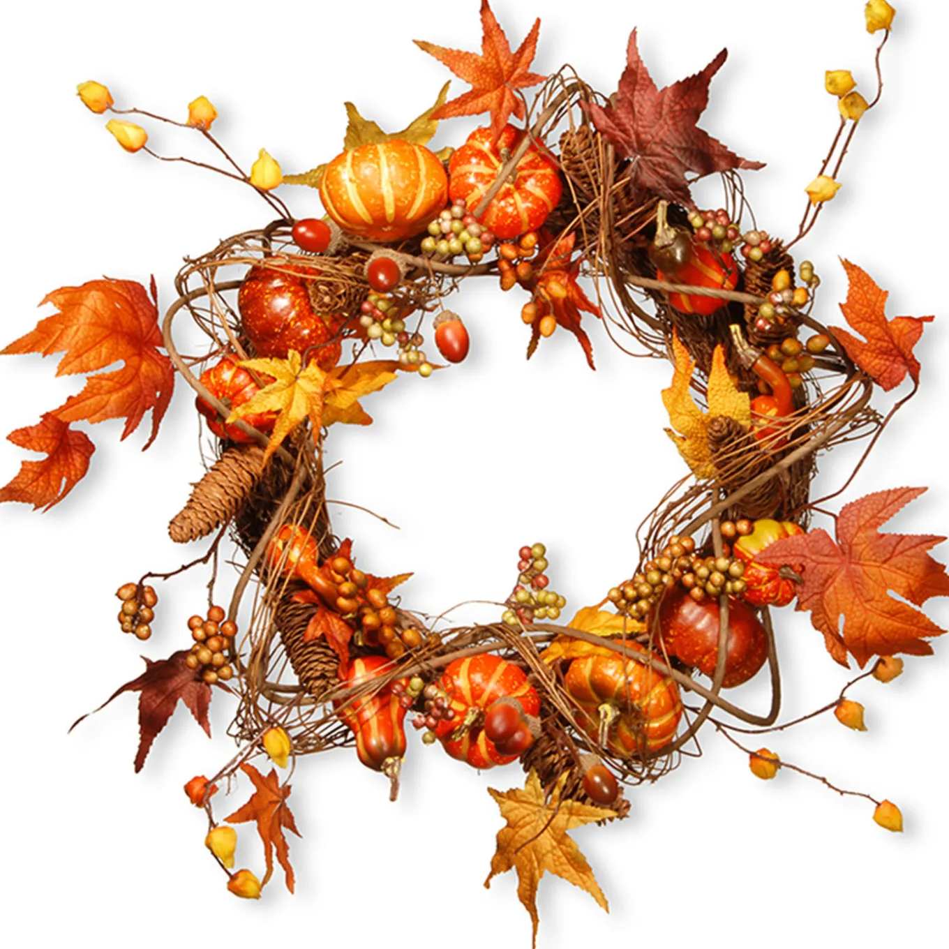 21 in. Fall Wreath with Pumpkins, Gourds, Pinecones, Berry Clusters, Maple Leaves