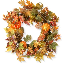 24 in. Fall Wreath with Pumpkins, Pinecones, Berry Clusters, Maple Leaves