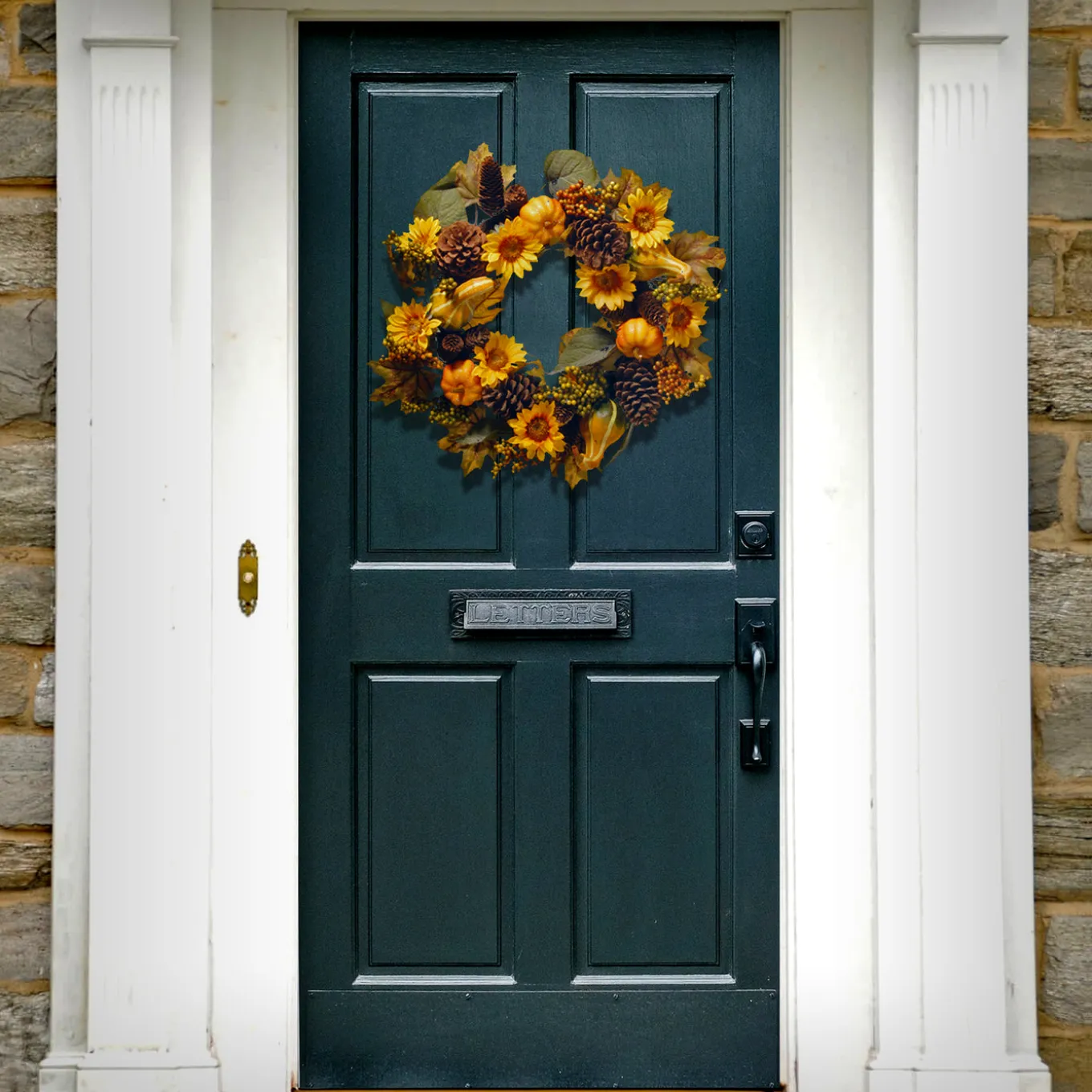 22 in. Fall Wreath with Pumpkins, Gourds, Pinecones, Sunflowers, Berry Clusters, Assorted Leaves
