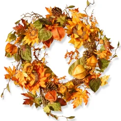 25 in. Fall Wreath with Sunflowers, Pinecones, Berry Clusters, Maple Leaves