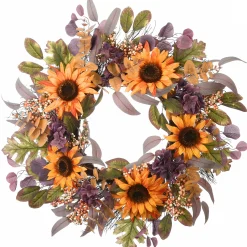 30 in. Fall Wreath with Sunflowers, Hydrangea Blooms, Assorted Leaves, Berry Clusters