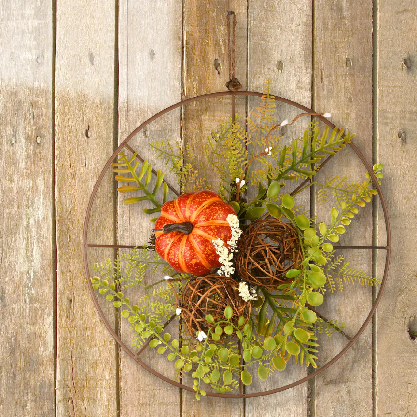 13 in. Flower Circle Hanging Fall Decoration with Fern Fronds, Leaves, Pumpkins, Twig Cones