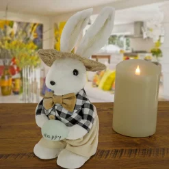 12 in. Fluffy Bowtie Male Easter Bunny Holding Easter Egg Table Decoration