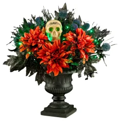 20 in. Halloween Boo-tiful Urn with Orange Florals and White Skull, LED Lights