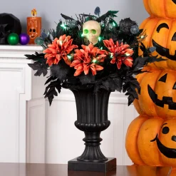 20 in. Halloween Boo-tiful Urn with Orange Florals and White Skull, LED Lights