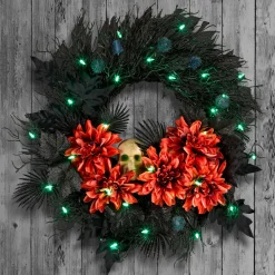 24 in. Halloween Boo-tiful Wreath with Orange Florals and White Skull, LED Lights