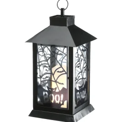 16 in. Halloween Carved Images of Bats and Cobwebs Lantern with LED Lights
