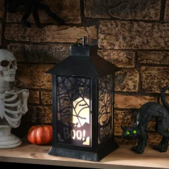 16 in. Halloween Carved Images of Bats and Cobwebs Lantern with LED Lights