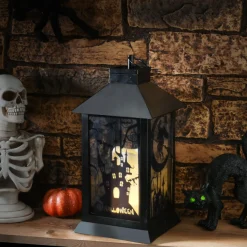 16 in. Halloween Carved Images of Witches and Cobwebs Lantern with LED Lights
