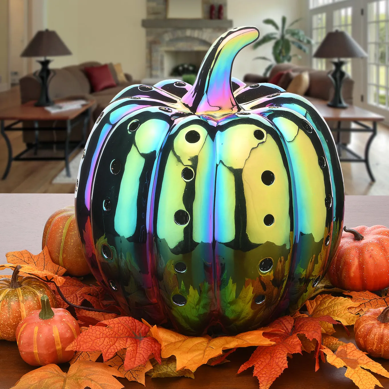 12 in. Halloween Ceramic Iridescent Purple Pumpkin with Multi Color LED Lights