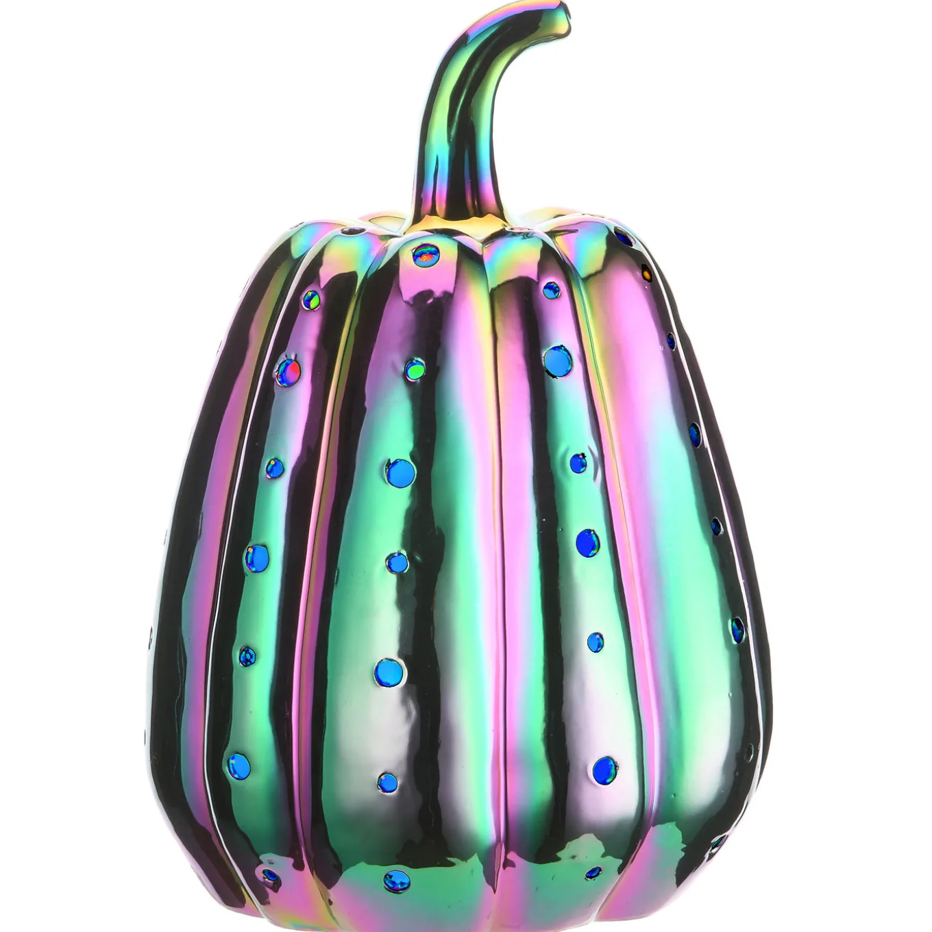 14 in. Halloween Ceramic Iridescent Purple Pumpkin with Multi Color Lights