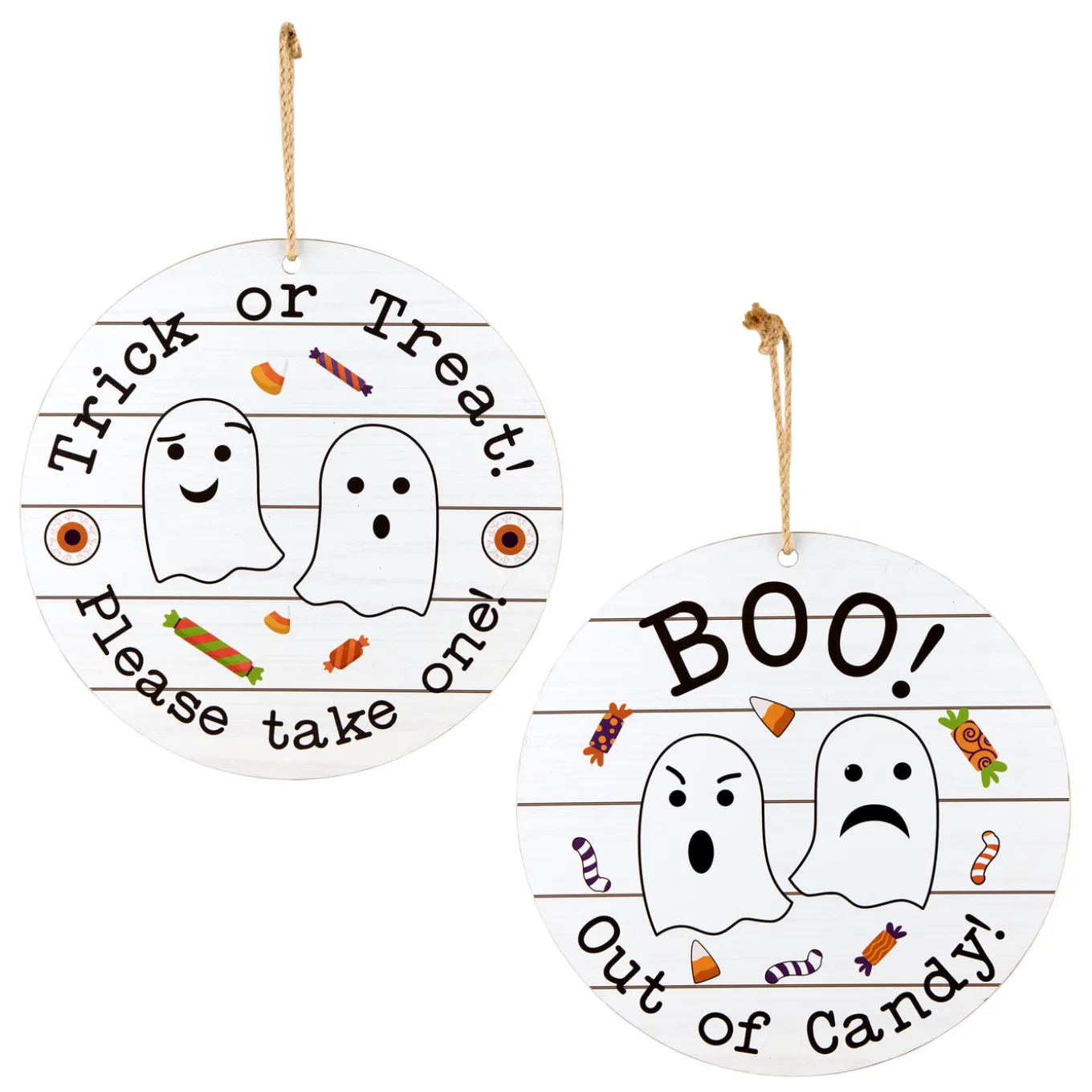 12 in. Halloween Hanging Double Sided Sign, White, Trick or Treat, Out of Candy