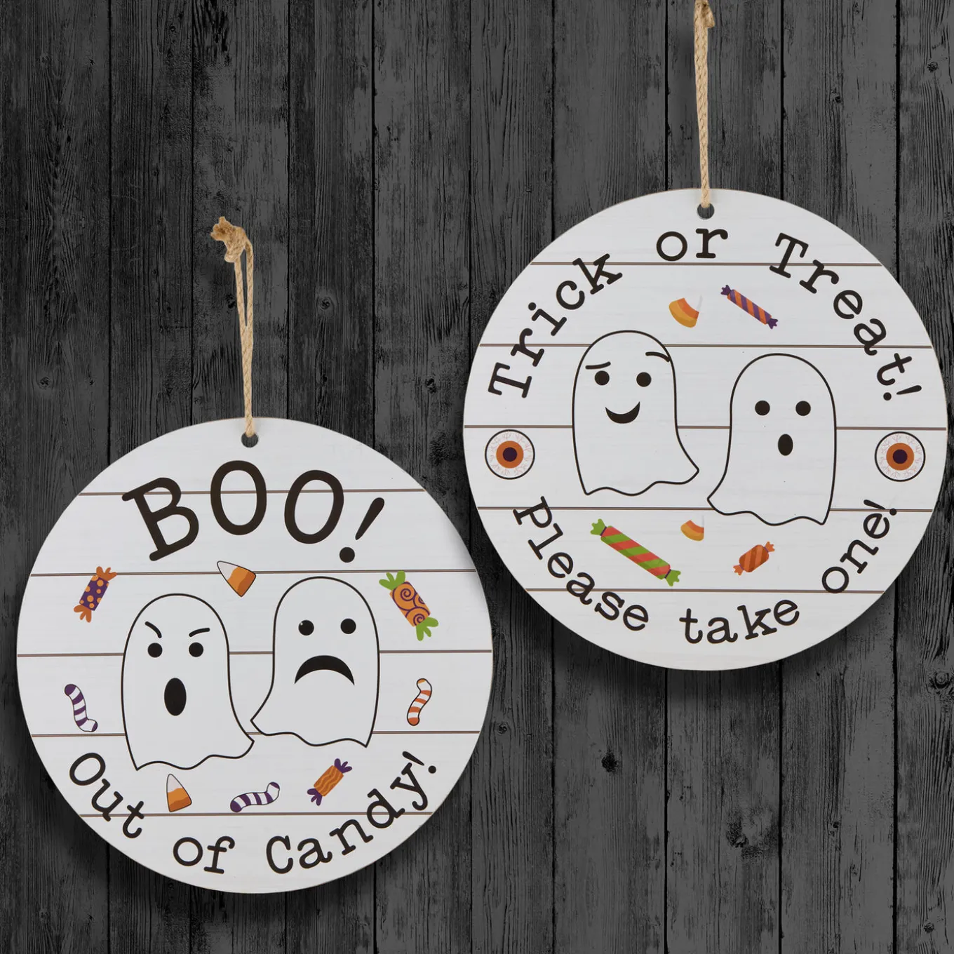 12 in. Halloween Hanging Double Sided Sign, White, Trick or Treat, Out of Candy