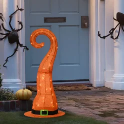 34 in. Halloween Pre-Lit Orange Witchs Hat Outdoor Decoration with LED Lights