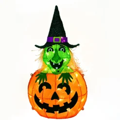 28 in. Halloween Pre-Lit Pumpkin and Witch Lighted Sign Decoration with LED Lights
