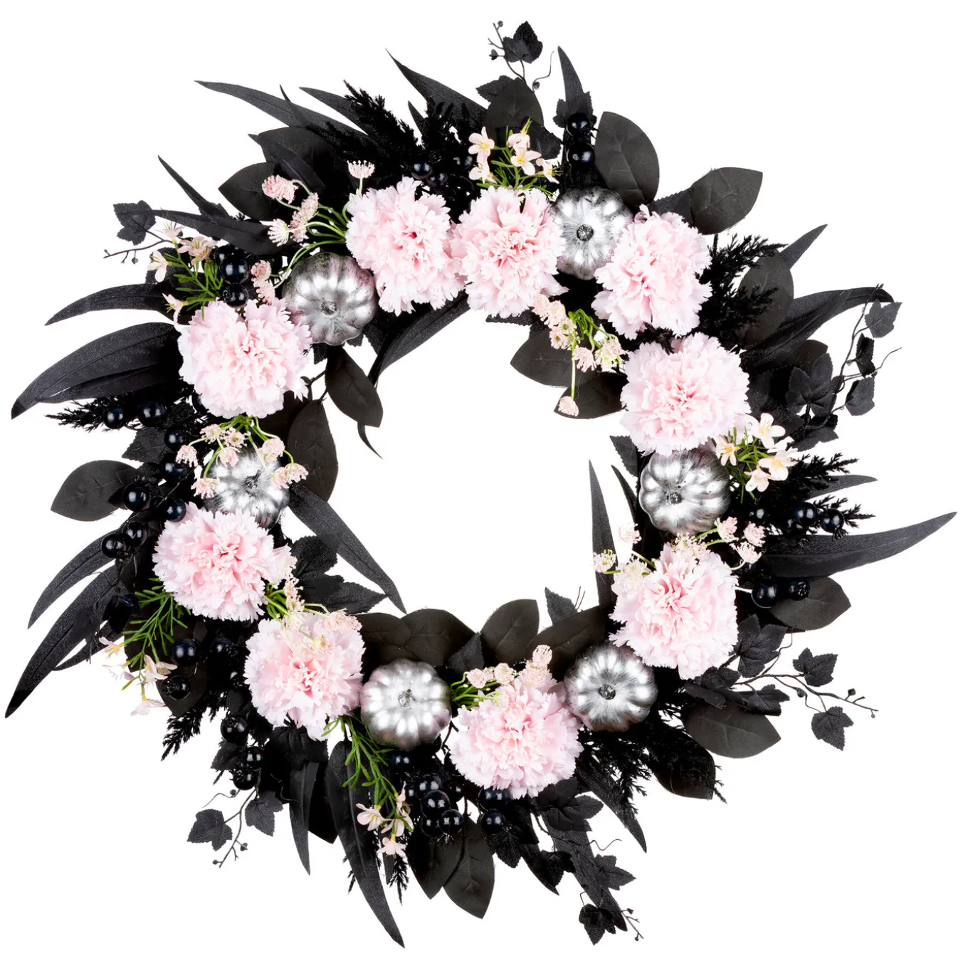 26 in. Halloween Pretty Morbid Pink Carnation Wreath with Silver Pumpkins