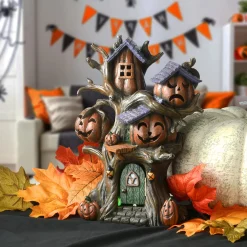 12 in. Halloween Pumpkin Tree House with Multi Color LED Lights