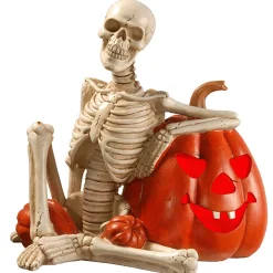 9 in. Halloween Skeleton and Jack O Lantern Decoration with LED Lights
