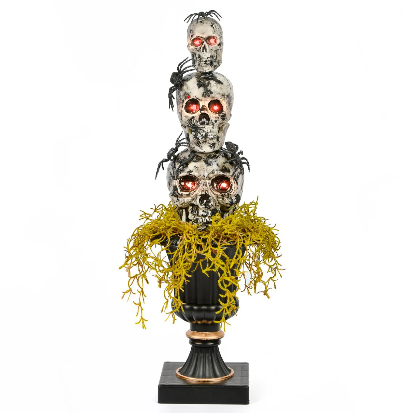 32 in. Halloween Skull Tower with Spiders Tabletop Decoration in a Black Urn