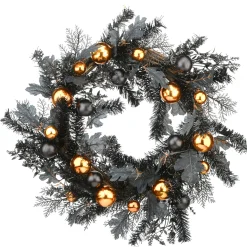 24 in. Halloween Spooky Wreath with Black and Orange Ball Ornaments, Leaves