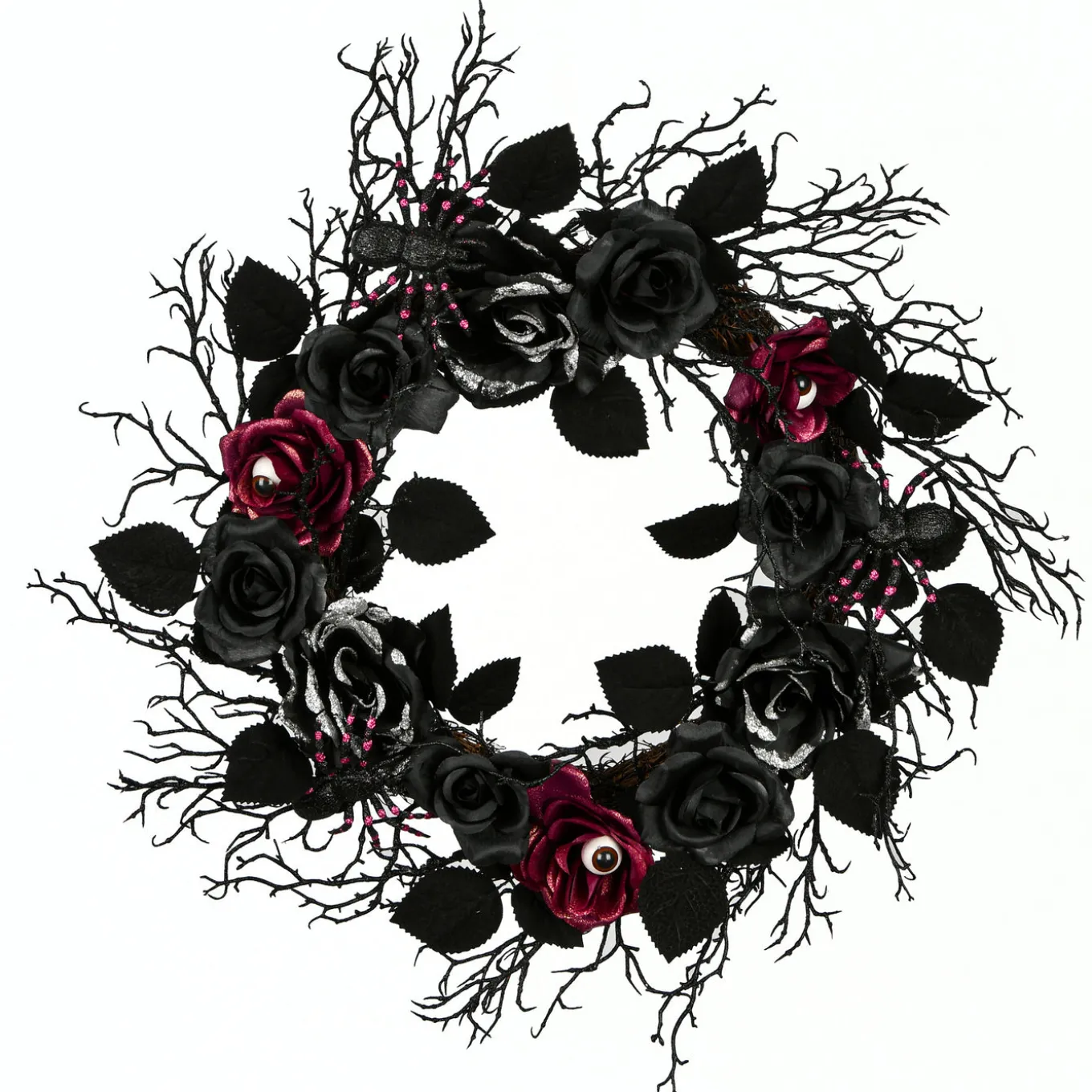 22 in. Halloween Spooky Wreath with Roses, Leaves, Thorny Branch Base