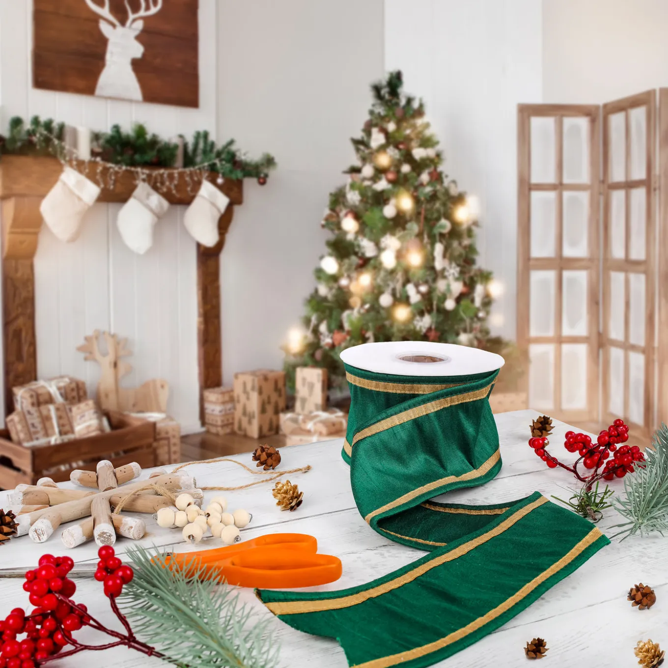 3 in. HGTV Home Collection Dupioni Double-Sided Ribbon, Green & Gold