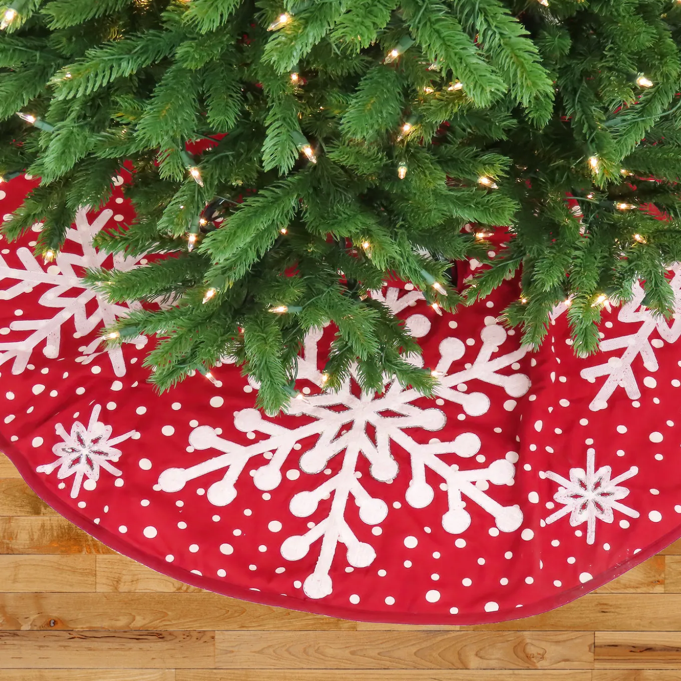 52 in. HGTV Home Collection Red Tree Skirt with Snowflake Embroidery and White Dots