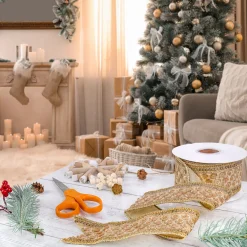 2.5 in. HGTV Home Collection Dupioni Gold Beaded Ribbon