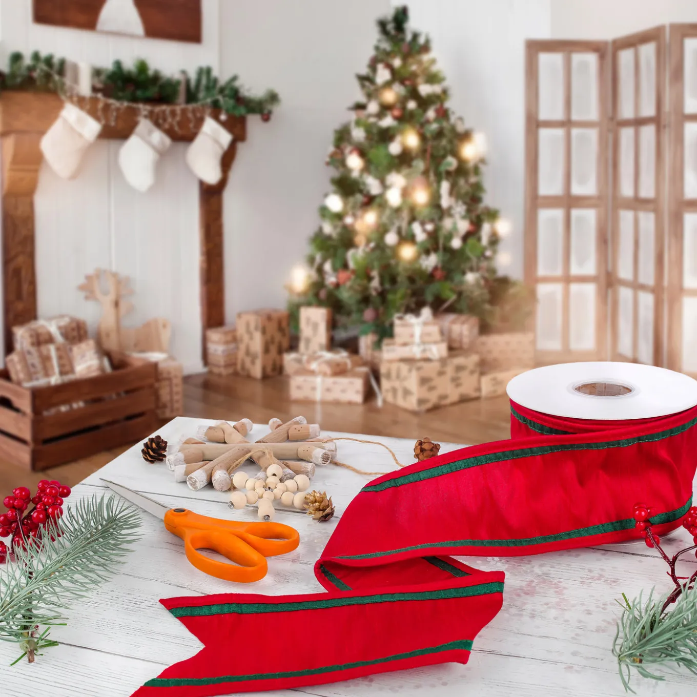 3 in. HGTV Home Collection Dupioni Double-Sided Ribbon, Red & Green