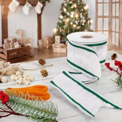3 in. HGTV Home Collection Dupioni Double-Sided Ribbon, White & Green