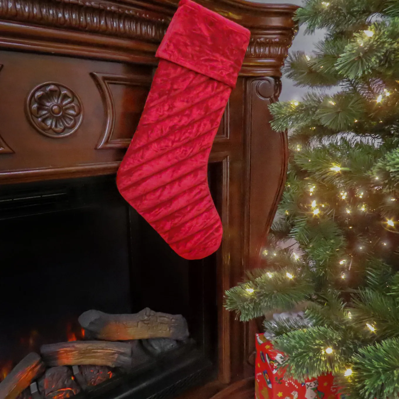 19 in. HGTV Home Collection Quilted Velvet Stocking, Red