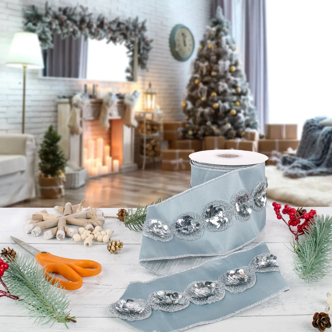 4 in. HGTV Home Collection Sequin Beaded Taffeta Ribbon, Blue