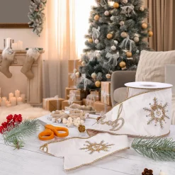 4 in. HGTV Home Collection Dupioni Embroidered Joyuex Noel Ribbon