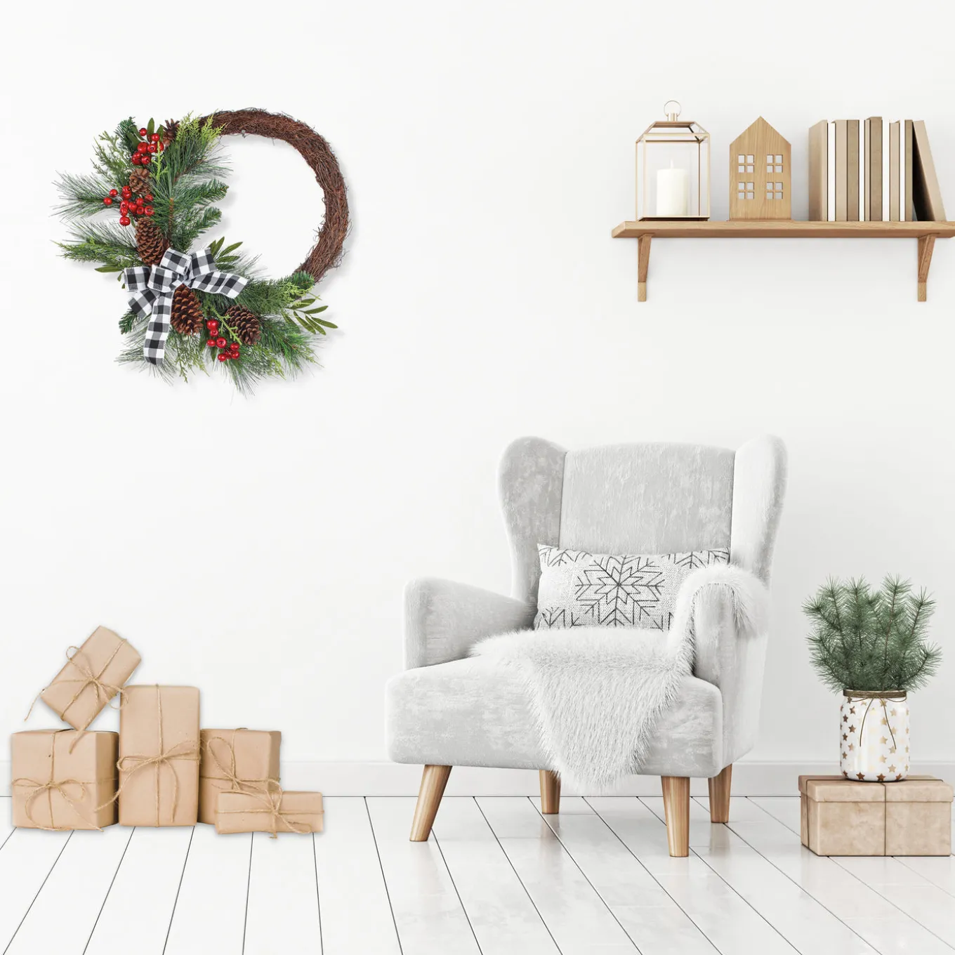 24 in. Mixed Pine and Berries Decorated Wreath