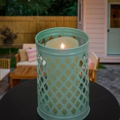 12 in. Modern Design and Finish Gossamer Green Outdoor Lantern Candleholder