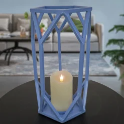 14 in. Modern Design and Finish Ice Melt Blue Outdoor Lantern Candleholder